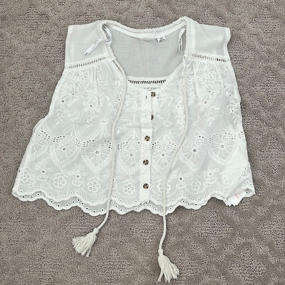White Eyelet Button Top